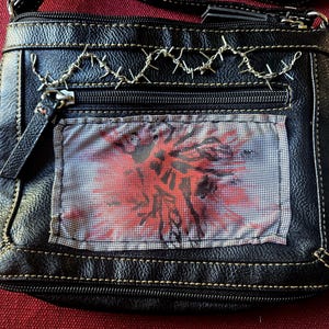 Upcycled cross body bag, original squashed bug patch with barbed wire