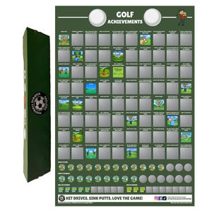 May include: A dark green scratch-off poster titled Golf Achievements with a grid of squares, some featuring golf-themed illustrations and text. The poster includes sections for tracking rounds and putts, with the text Hit Drives. Sink Putts. Love The Game!