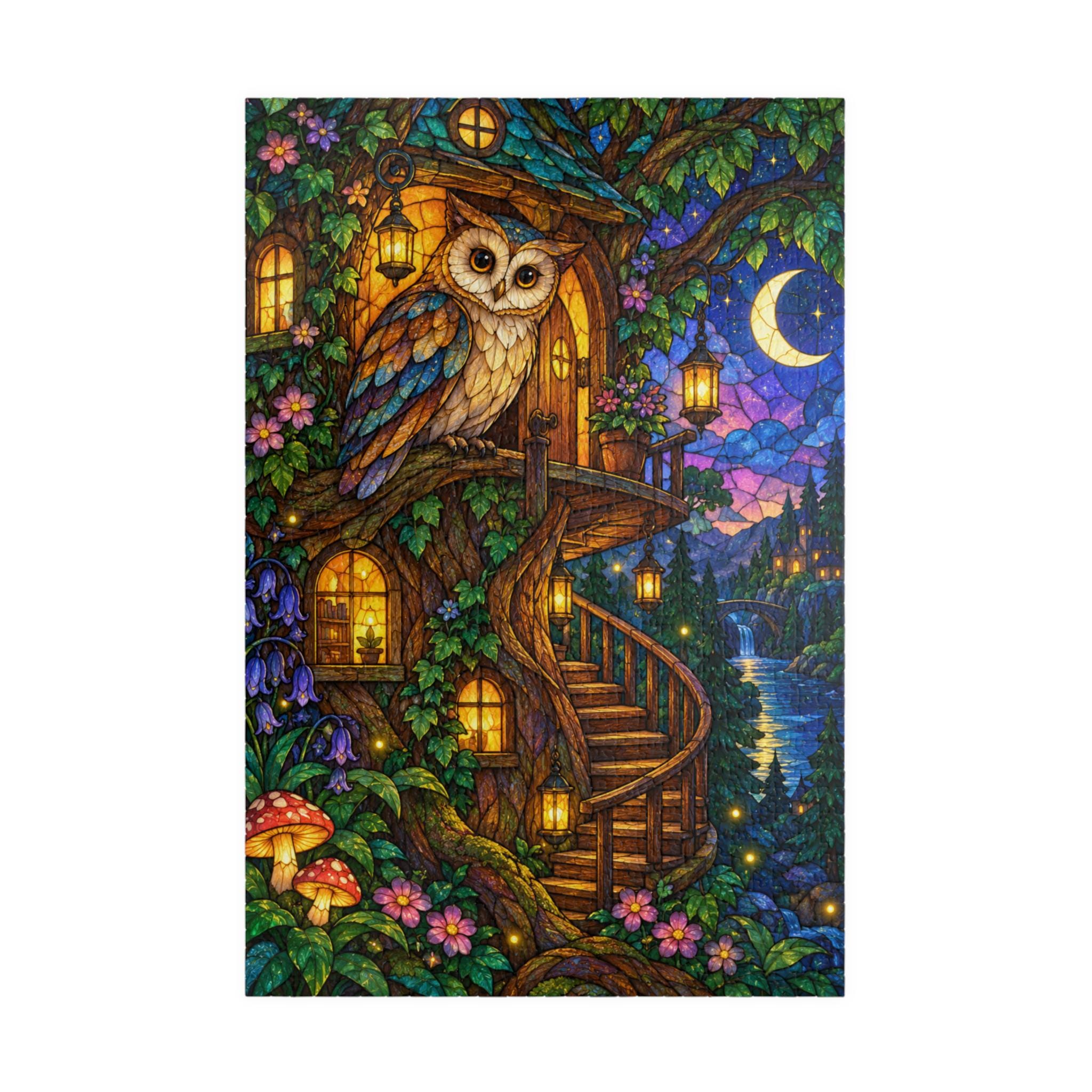 Whimsical Stained glass Owl Treehouse Puzzle | 110, 252, 520, 1014-piece, Night Forest Scene
