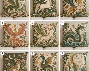 May include: A collection of nine square throw pillows featuring mythical creatures including dragons, a unicorn, a griffin, a phoenix, a winged deer, a sea serpent, a jackalope, and a hippocampus, all set against botanical backgrounds.