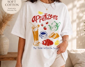 Vintage Appetizers Graphic Tee, Retro Food Lover Party Shirt, Oversized Brunch Outfit