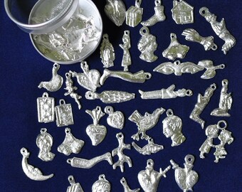 Milagros Watchmakers Tin of 50 Mexican Silver Tone Milagros (Expect Duplicates) SHIPPING INCLUDED