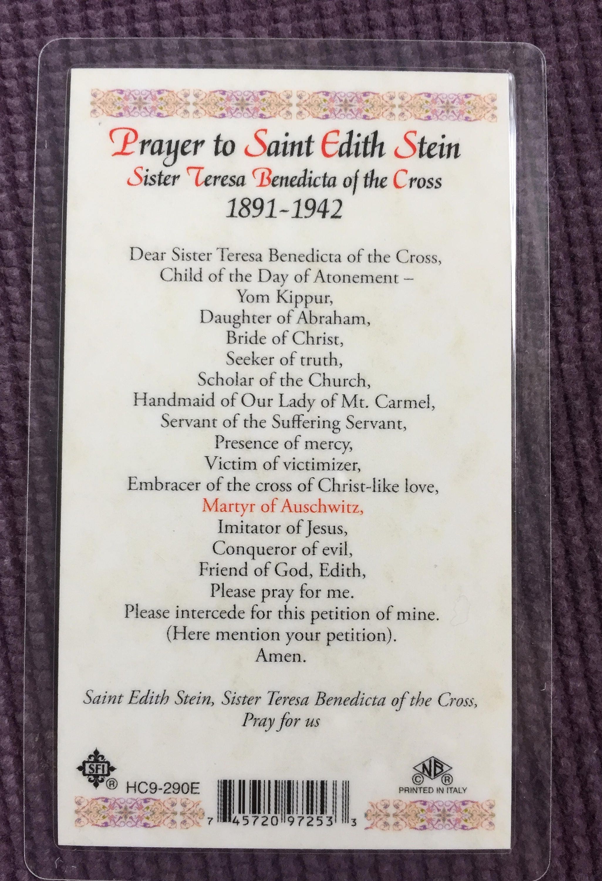 St. Edith Stein LAMINATED Prayer Card SHIPPING INCLUDED - Etsy Norway