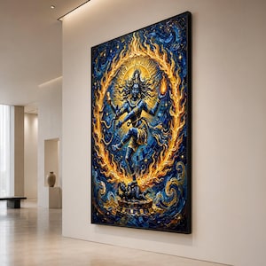 May include: A large rectangular wall art piece featuring a dark blue figure with multiple arms dancing within a vibrant, circular ring of golden yellow flames. The figure stands atop a smaller dark form, set against a deep blue, textured background.