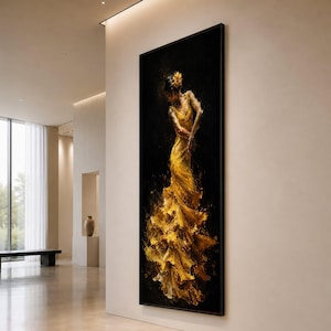 May include: A vertical rectangular wall art piece featuring an oil painting of a figure in a textured, vibrant yellow dress against a deep black background. The figure is captured in a dynamic pose with thick, visible brushstrokes creating movement.