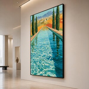 Paisaje junto a la piscina al estilo de David Hockney, arte mural moderno y contemporáneo en lienzo, vibrante reflejo de piscina, impresión artística en lienzo de California