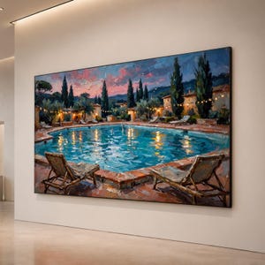 May include: A large rectangular oil painting on a wall depicting a swimming pool at dusk. The scene features turquoise water, terracotta tiles, two lounge chairs in the foreground, tall cypress trees, and string lights against a pink sky.