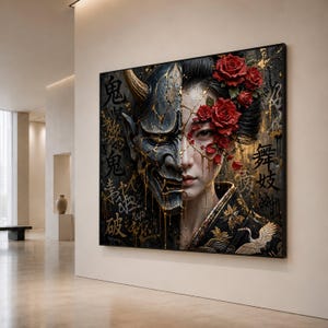 Japanese Geisha and Oni Mask Split Face Canvas, Red Roses Floral Wall Art, Asian Culture Decoration, Dramatic Portrait Canvas Print Art