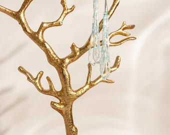 Handmade Aqua Silver Seed Bead Fringe Earrings | Coastal Boho Shoulder Dusters