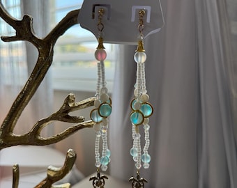Beachy Turtle Dangle Earrings | Aqua Beaded Earrings | Coastal Jewelry | Tropical Summer Earrings | Handmade Ocean-Inspired Earrings