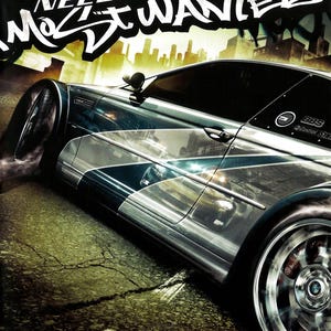May include: A silver BMW M3 GTR sports car drifts on asphalt with the text Need for Speed Most Wanted displayed in white graffiti-style lettering above. The car features a blue racing stripe, BBS wheels, and visible brake calipers in a city setting.