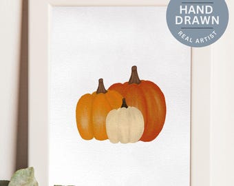 Hand-Drawn Three Pumpkins Digital Print, Fall Decor, Fall Wall Art, Halloween Print