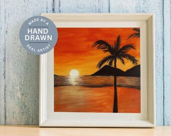 Orange Sunset at the Beach Painting, Sunset Wall Art, Digital Print From Original Painting