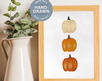 Hand-Drawn Three Pumpkins Digital print, Fall Decor, Fall Wall Art, Rustic Print
