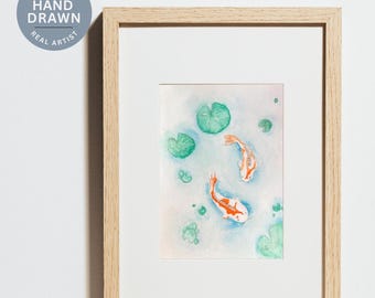 Koi Fish Watercolor Poster | Pond Lily Art Digital Print