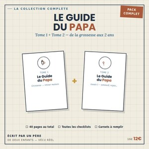 Peut inclure: Un ensemble de deux livres intitulé Le Guide du Papa, couvrant la grossesse jusqu'aux deux ans de l'enfant. Les couvertures présentent des icônes linéaires, du texte bleu marine et orange sur fond quadrillé. 40 pages, checklists et carnets.