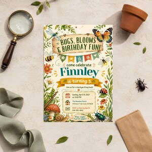 May include: A rectangular birthday invitation card featuring a wooden sign with the text 'BUGS, BLOOMS & BIRTHDAY FUN!' and 'Finnley is turning 5'. The design includes illustrations of a butterfly, bee, ladybug, snail, and mushroom with event details.