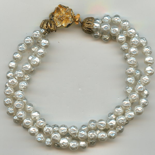 Vintage Pearl Bracelet, Triple Layer of Faux Pearls with a Gold Tone Flower Clasp