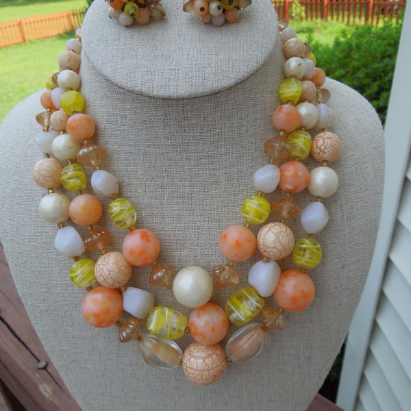 Vintage JAPAN Necklace and Earrings Set.  1950s.  Shades of Orange, Yellow and Cream in Glass and Plastic, Signed Japan