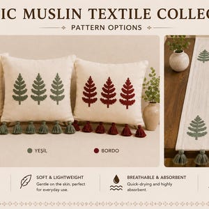 Turkish Table Runner and Cushion Cover Set, Embroidered Fern Leaf , Boho Ethnic Home Decor, Tassel Pillow ,