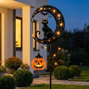 Black Cat Moon Solar Garden Light |  Pumpkin Lantern Yard Stake |  Halloween Outdoor Pathway Decor |  Spooky Fall Lawn Ornament