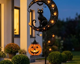 Black Cat Moon Solar Garden Light |  Pumpkin Lantern Yard Stake |  Halloween Outdoor Pathway Decor |  Spooky Fall Lawn Ornament