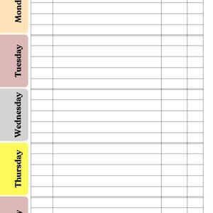 May include: A homework tracker planner page with the title HOMEWORK TRACKER at the top. It features a grid with columns labeled Class, Task, Due Date, and Done. The left side has colored vertical tabs for Monday, Tuesday, Wednesday, Thursday, and Friday.