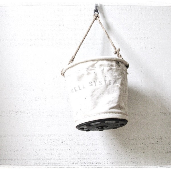 vintage canvas bucket. bell system canvas bucket. vintage bag. wall hanging. planter. lineman's bag. vintage decor. refugeca2015