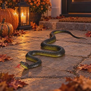 May include: A long, realistic toy snake with a textured black and yellow-green body, red eyes, and a protruding red forked tongue, positioned on a stone surface surrounded by scattered autumn leaves, pumpkins, and a lit lantern.