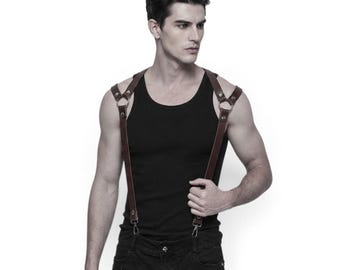 Schultergurt aus braunem Leder für Herren, verstellbare Hosenträger, Gothic-Punk-Festival-Outfit