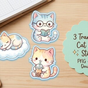 3 Cute Cat Digital Stickers PNG, Watercolor Kitten Clipart, Kawai Planner Stickers for GoodNotes, Chibi Animals Daily Life, Instant download