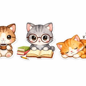 3 Coffee and Study Cat Digital Stickers PNG, Watercolor Cute Kitten Clipart, Kawaii Planner Stickers for GoodNotes, Aesthetic Chibi Animals