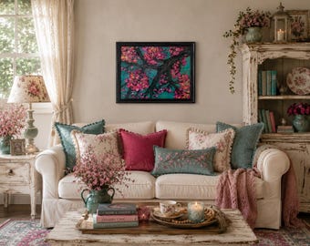Cuadro original enmarcado con motivos florales / Arte mural floral pintado a mano con acrílico