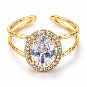 Guldfärgad oval zirkoniaring, justerbar ring i rostfritt stål, vattentåliga statement-smycken, glittrande cocktailring, födelsedagspresent till henne