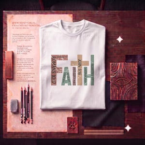 Puede incluir: Una camiseta blanca con un diseño gráfico que forma la palabra FAITH mediante bloques de texto verticales y horizontales. Las letras incorporan versículos bíblicos como Romanos 10:17, Juan 3:16 y Hebreos 11:1 en tonos tierra.