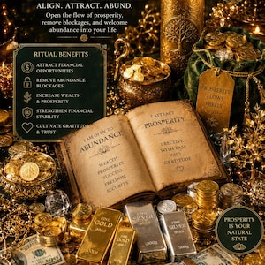 May include: A money ritual display featuring a gold candle, an open book with text including I AM OPEN TO ABUNDANCE, piles of gold and silver bars labeled 1000g and 500g, stacks of 100 dollar bills, and gold coins in a green velvet pouch and bowls.
