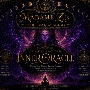 Könnte beinhalten: Ein rechteckiges Poster mit dem Titel Madame Z's Spiritual Academy: Awakening the Inner Oracle. Das Design zeigt eine zentrale violette Figur mit einem dritten Auge, umgeben von kosmischen Sternen, Monden und goldenem Text über ein System.