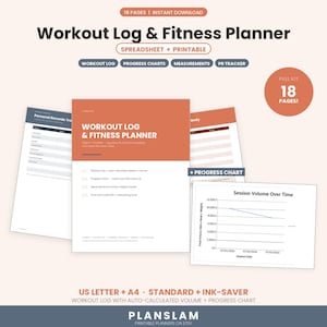 Könnte beinhalten: Ein digitales Trainingsprotokoll und Fitnessplaner-Set mit 18 Seiten, inklusive Fortschrittstabellen, Maß-Trackern und einem PR-Tracker. Die Dokumente enthalten Texte wie Workout Log & Fitness Planner, Session Volume Over Time und Personal Records Tracker.