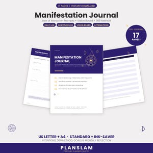 Puede incluir: Un diario de manifestación digital de 17 páginas con un esquema de colores azul oscuro y blanco. La portada muestra el título Manifestation Journal, Law of Attraction Prompts, Vision Board y 369 Method. Incluye registros diarios y de gratitud.