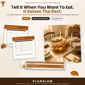 Planificador de cena de Acción de Gracias + Hoja de cálculo para calcular el pavo - Libro de trabajo de Excel para la planificación del anfitrión, PDF imprimible, lista de invitados, planificador de menú