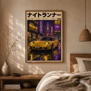 May include: A rectangular wall poster featuring a yellow Mazda RX-7 sports car parked on a wet city street at night. The scene includes neon signs, Tokyo Tower in the background, and Japanese text including the title Night Runner at the top.