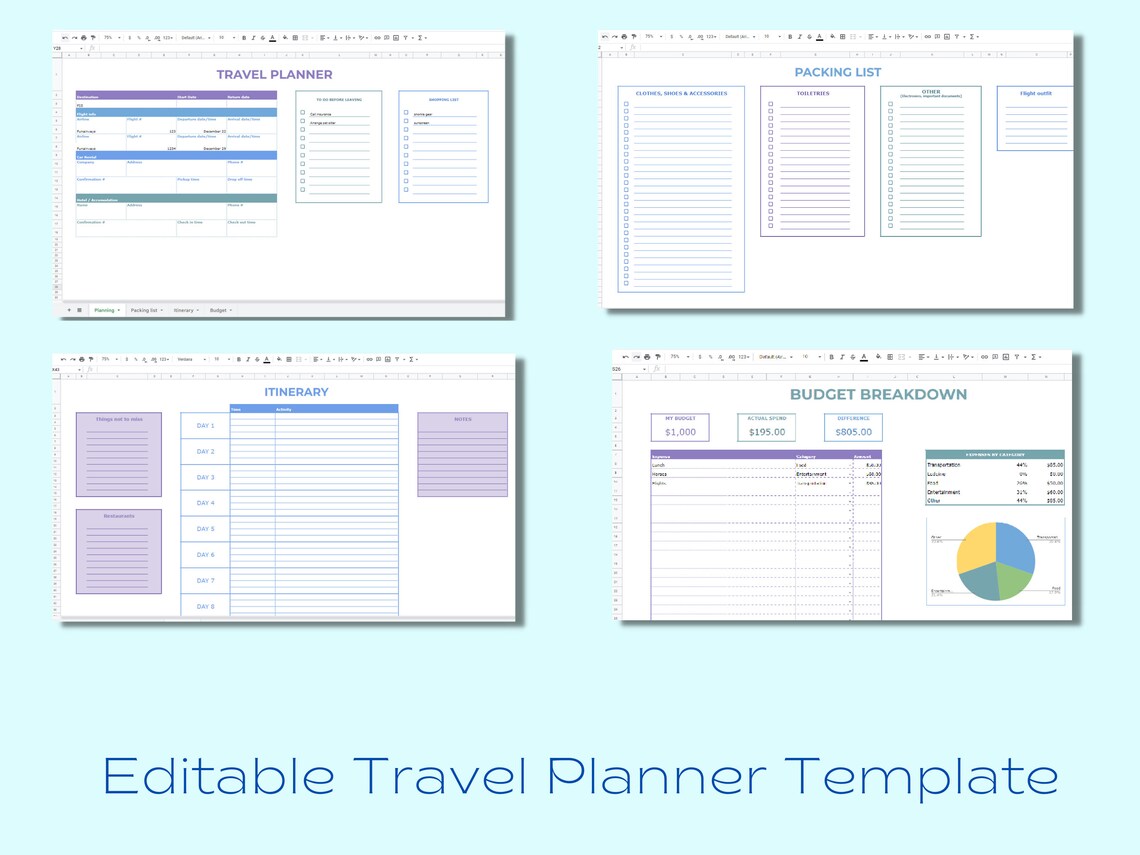 Google Sheets Travel Planner Spreadsheet Template Editable Etsy