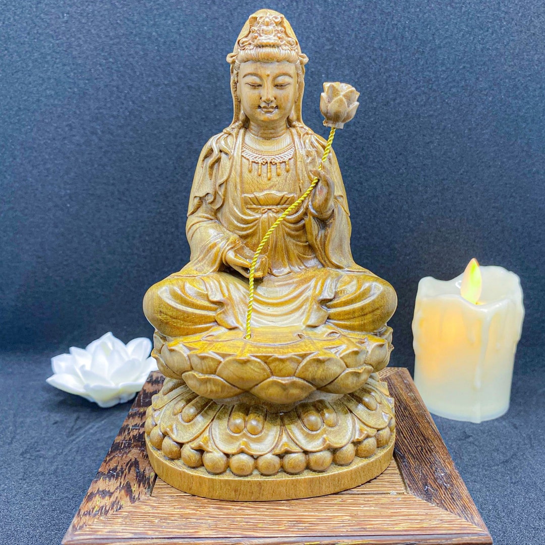 Kuan Yin Statue Feng Shui Wooden Sitting Guan Yin Bodhisattva Etsy
