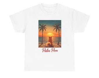 Palm Pom Sunset Pomeranian T-Shirt | Tropischer Strandsonnenuntergang