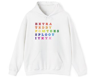 Regenbogen-Buchstabenblock-Hoodie | Buntes Sweatshirt mit typografischem Spruch