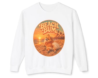 Strand-Sweatshirt mit Zwergspitzmotiv | Retro-Design für Hunde am Strand bei Sonnenuntergang