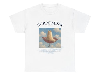 Surpomismus T-Shirt mit fliegendem Zwergspitz auf Regenschirm | Surreales Wolkenkunst-T-Shirt