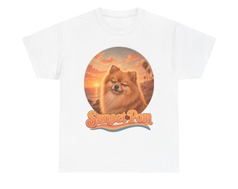 Sonnenuntergangs-Pomeranian-T-Shirt | Vintage-Sonnenuntergangs-Hundemotiv