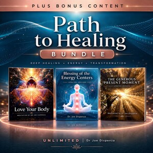 May include: A Path to Healing bundle featuring three books by Dr. Joe Dispenza titled Love Your Body, Blessing of the Energy Centers, and The Generous Present Moment. The cover art displays glowing energy, a person meditating, and sunlit trees.