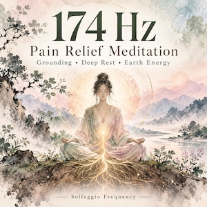 Puede incluir: Una ilustración digital que muestra a una persona en posición de meditación con raíces brillantes que se extienden hacia el suelo. El texto dice 174 Hz Pain Relief Meditation, Grounding, Deep Rest, Earth Energy y Solfeggio Frequency sobre un paisaje de acuarela.